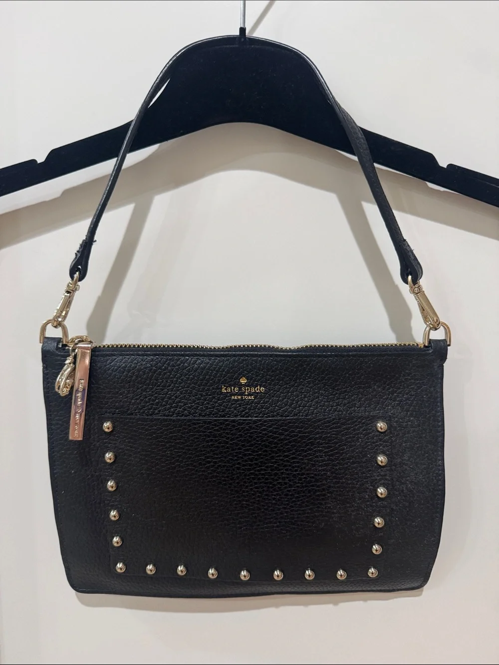 kate spade black leather studded shoulder pouch with gold hardware